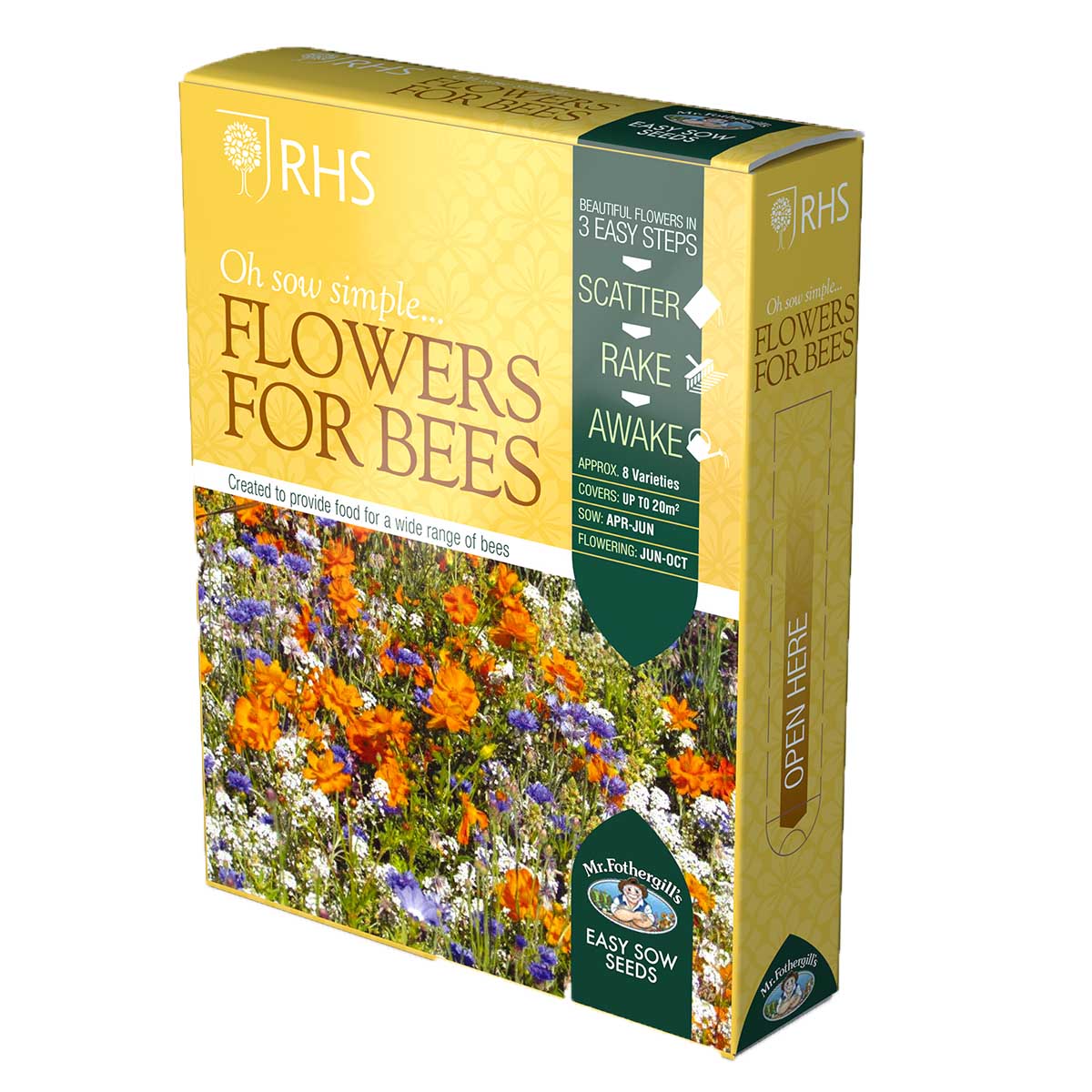 Bright yellow seed pack featuring colorful wildflower illustrations, labeled "RHS Flowers for Insects," with instructions for planting and a logo for Mr Fothergill's Seeds.