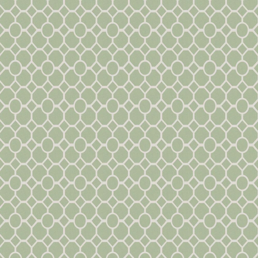 Light green wallpaper featuring a repeating lattice fretwork pattern with white geometric shapes and circular accents, designed by the Royal Horticultural Society.