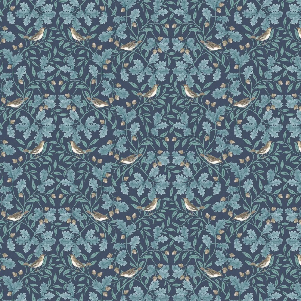Floral wallpaper featuring intricate blue leaves and woodland songbirds on a deep navy background, designed by the Royal Horticultural Society.
