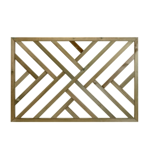 Treated wooden crosshatch decking panel featuring a geometric design, measuring 36mm x 760mm x 1130mm, with a natural wood finish.