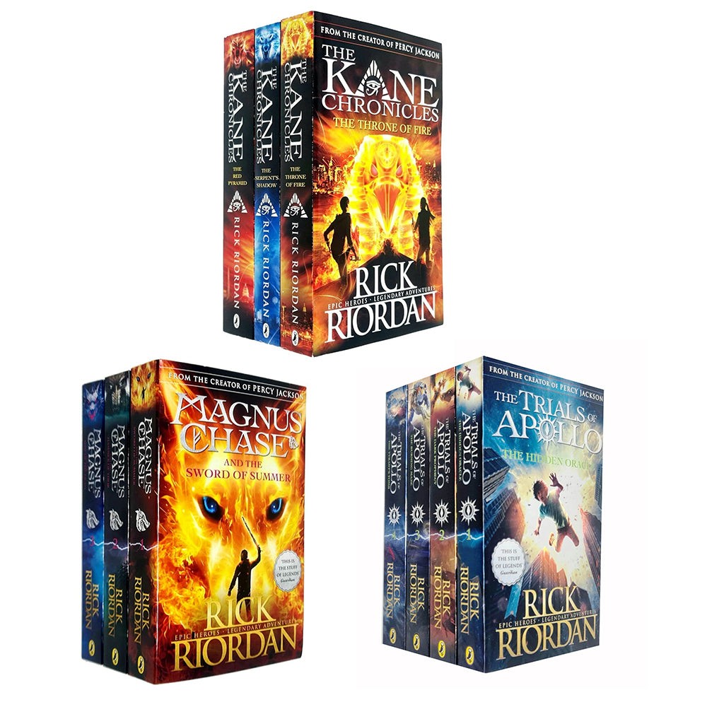 Ten-book collection set by Rick Riordan featuring colorful covers with vibrant illustrations, showcasing titles like "The Red Pyramid" and "The Throne of Fire" in a sturdy box format.