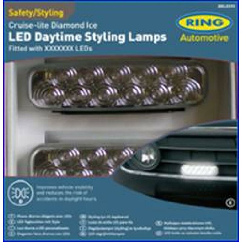 Cruise-Lite Diamond Ice LED daytime styling lamps by Ring, featuring a sleek design with multiple bright LEDs, ideal for enhancing vehicle visibility and aesthetics.