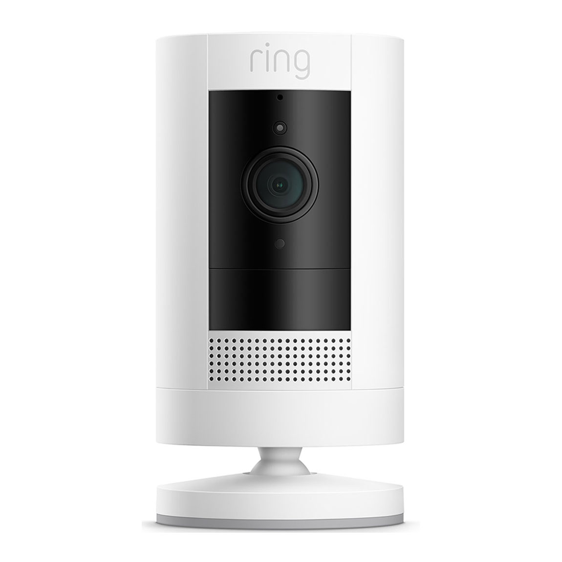 White cylindrical security camera with a black front panel, featuring a lens and microphone, mounted on a circular base, designed for indoor and outdoor use.