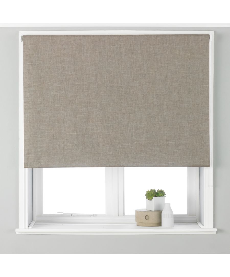 Natural-colored blackout blinds made of textured fabric, fitting a window size of 122 cm x 162 cm, mounted in a white frame with a small potted plant and decorative items below.
