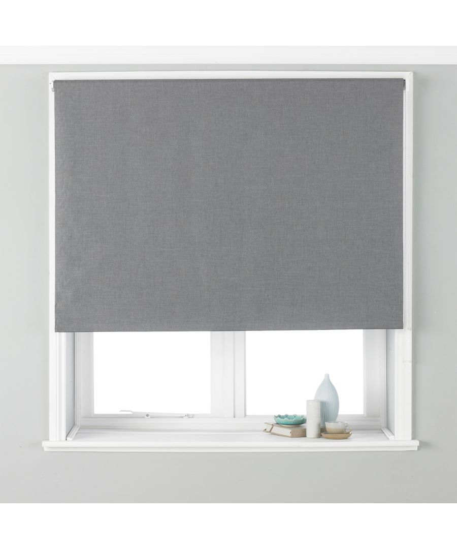 Twilight blackout blinds in silver, measuring 153 cm x 162 cm, feature a textured fabric design, neatly fitted within a white window frame.