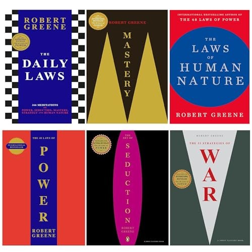 Six book covers by Robert Greene arranged in two rows; titles include "Mastery," "The Daily Laws," "The Laws of Human Nature," "48 Laws of Power," "Art of Seduction," and "33 Strategies of War."