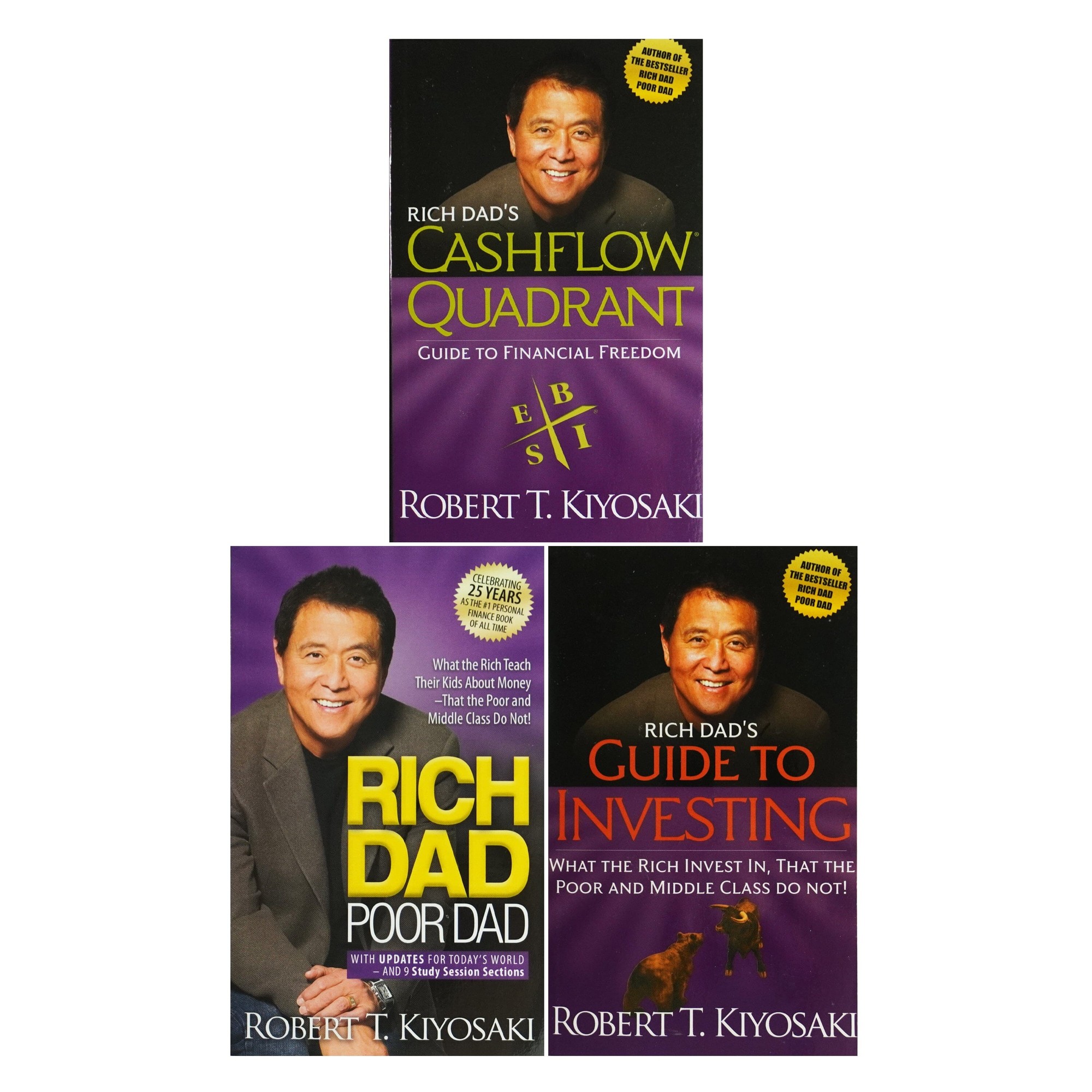 Three books from the "Rich Dad Series" by Robert T. Kiyosaki, featuring bold purple covers with titles in yellow and white, showcasing Kiyosaki's photo on each cover.