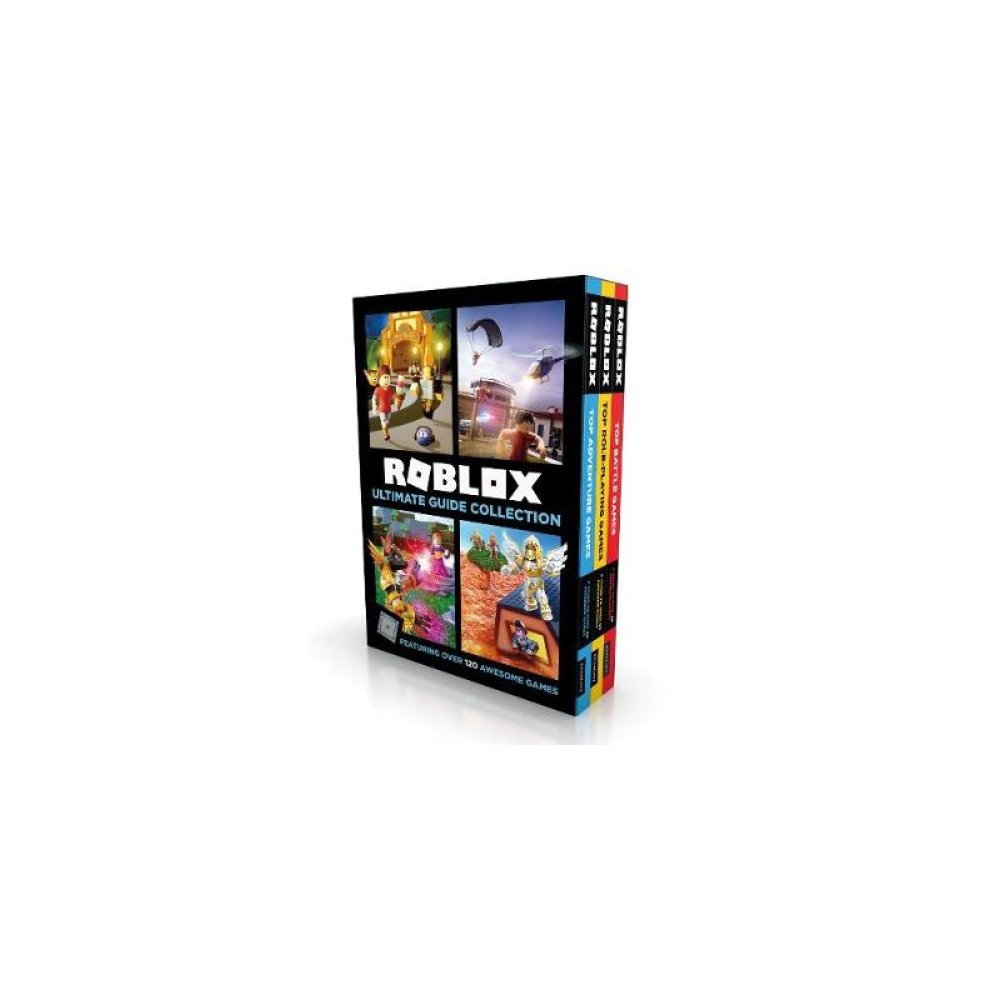 Three paperback books in a colorful box set titled "Roblox Ultimate Guide Collection," featuring vibrant cover art related to gaming and Roblox characters.