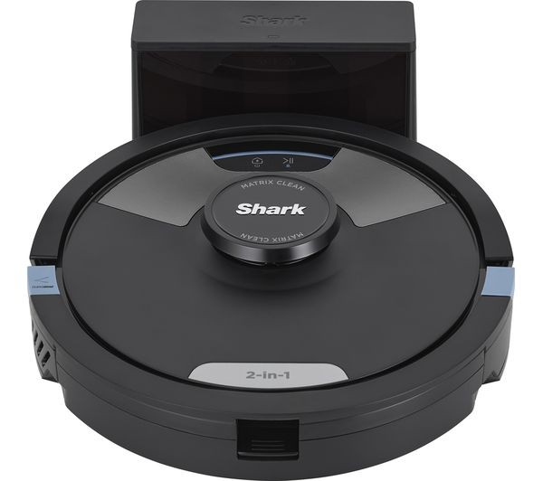 Black circular robot vacuum and mop with a central control button, blue accents, and a sleek design, featuring a compact docking station for charging.