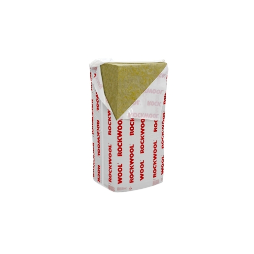 Semi-rigid acoustic insulation slab in a rectangular shape, featuring a yellow-green rock wool material, wrapped in white packaging with red "Rockwool" branding.