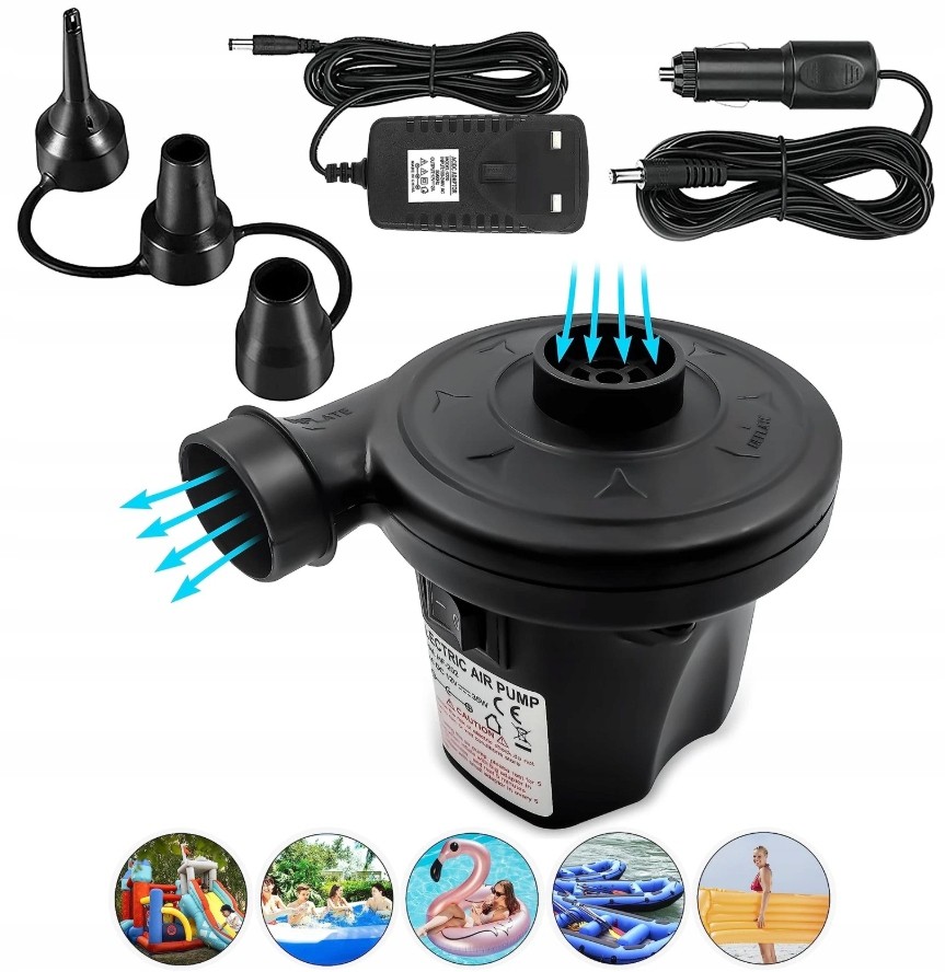 Black electric air pump with three nozzles, power adapter, and car charger, designed for inflating mattresses and floating equipment, featuring a compact, durable design.