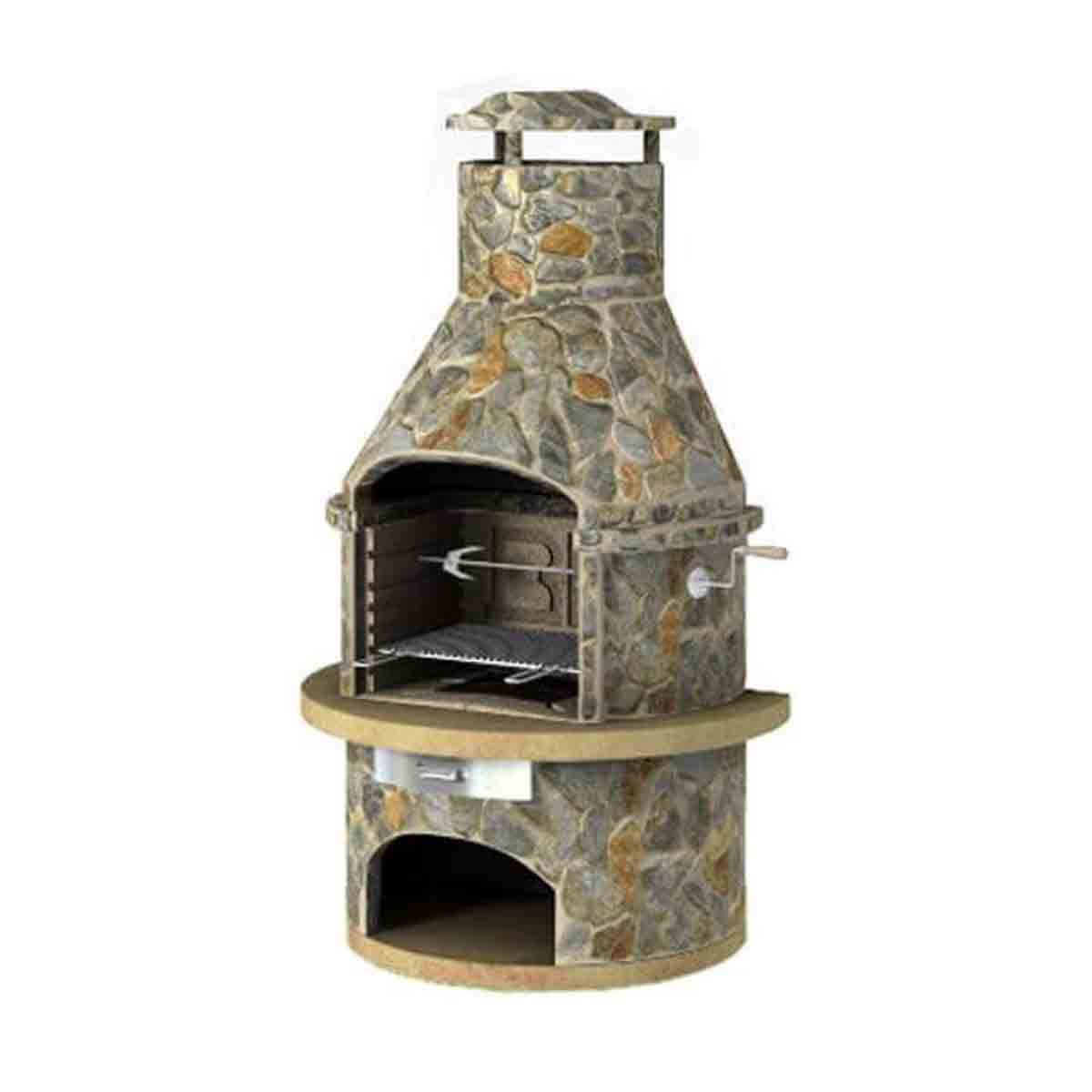 Rondo Light Slate masonry charcoal BBQ features a stone exterior, a tall chimney, a front grill with a rotisserie, and a circular base with an open storage area.