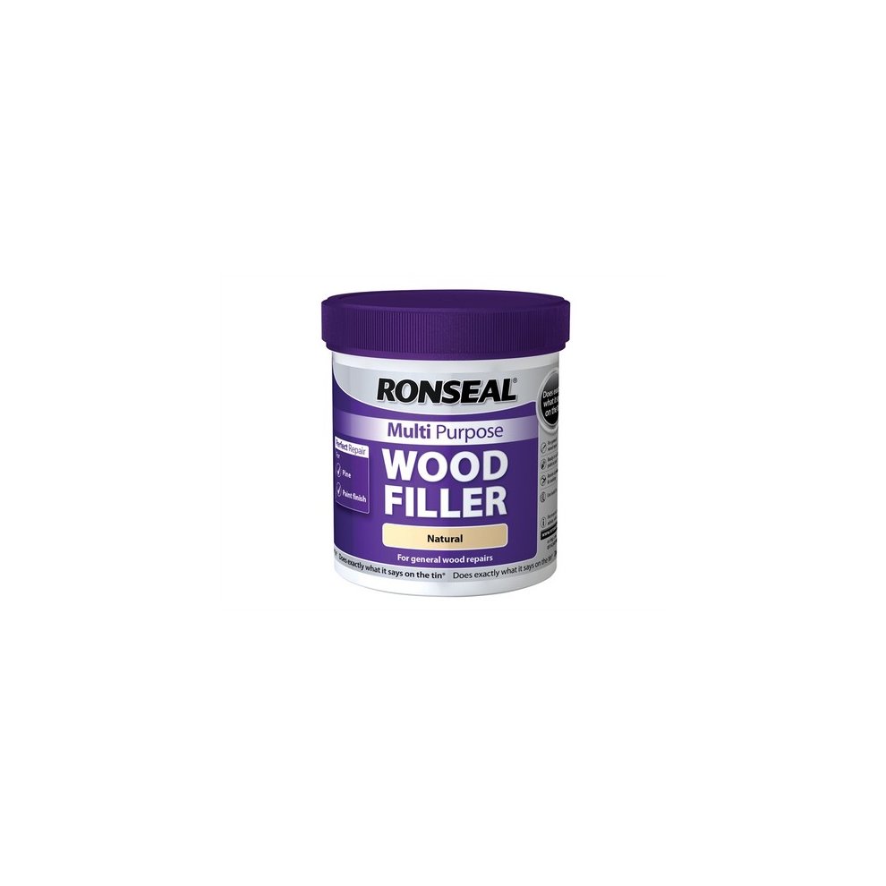Purple and white tub of Ronseal Multipurpose Wood Filler, labeled "WOOD FILLER" in bold, containing 930g of natural wood filler for repairs and finishing.