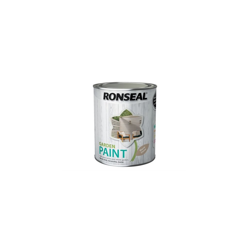 Ronseal Garden Paint in Warm Stone, 750ml, features a cylindrical metal can with a white and green label showcasing the product name and usage instructions.