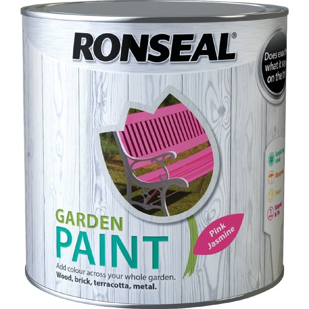 Ronseal Garden Paint in Pink Jasmine, 2.5 litres, featuring a floral design on the can, suitable for wood, brick, terracotta, and metal surfaces.