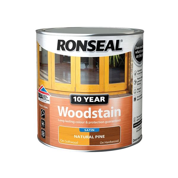 Ronseal 10 Year Woodstain in Walnut, 250ml can, features a sleek design with a silver metallic finish, showcasing the brand logo and product details prominently on the label.