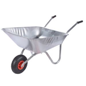 Galvanised steel wheelbarrow with a shiny silver finish, featuring a large, deep tray, two sturdy handles, and a black rubber wheel with a red rim.