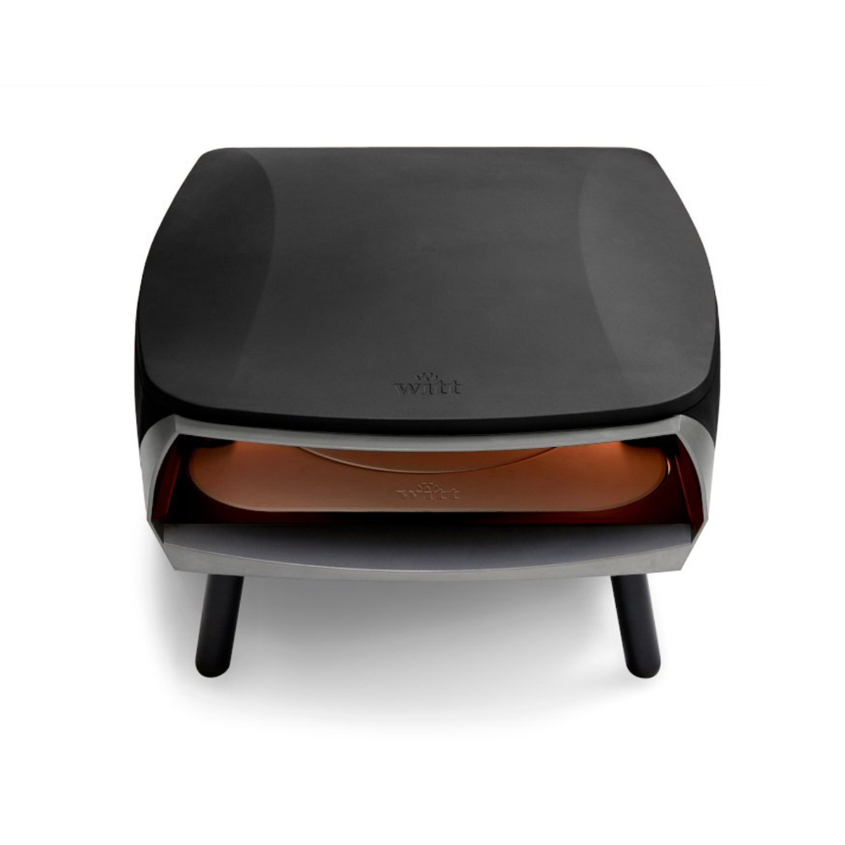ETNA Rotante 16" Pizza Oven by Witt features a sleek black exterior, a curved design, and a terracotta cooking surface, supported by sturdy legs for stability.