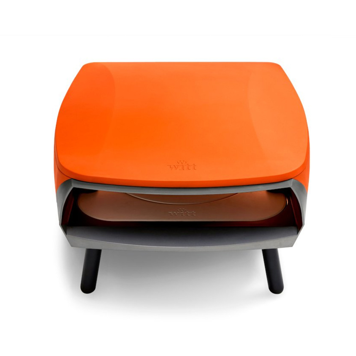 Bright orange square pizza oven with a sleek design, featuring a gray base and legs, and a logo embossed on the top, ideal for outdoor cooking.