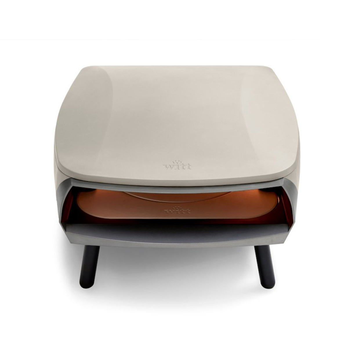 ETNA Rotante 16" Pizza Oven by Witt features a sleek, gray exterior with a smooth finish, a curved top, and a terracotta cooking surface, supported by four black legs.