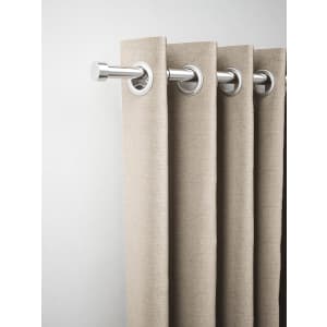 Brushed stainless steel extendable curtain pole with a stud finial, adjustable from 165-300cm, featuring sleek design and grommet-style curtains in a neutral beige color.