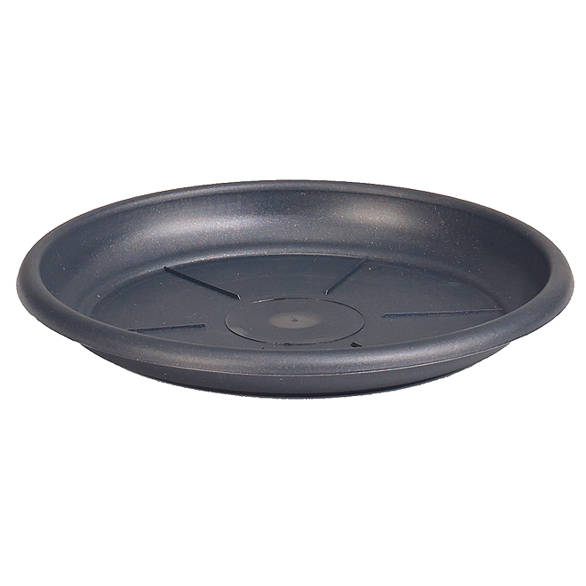 Round, 7-inch plant saucer made of durable anthracite plastic, featuring a smooth surface and drainage grooves for effective water management.