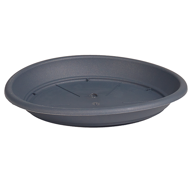Gray anthracite plastic plant saucer, 10 inches in diameter, featuring a smooth surface and a central drainage hole for optimal plant care.
