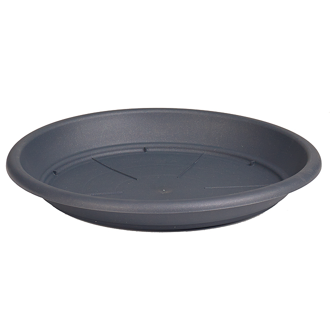 Round, dark gray plastic saucer for plants, measuring 12 inches in diameter, featuring a smooth surface and drainage grooves on the bottom.