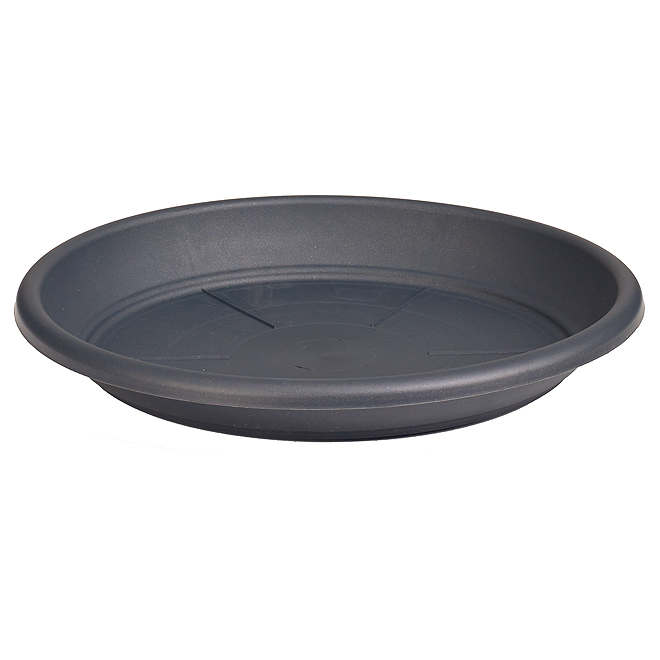 Gray anthracite plastic saucer for plants, measuring 14 inches in diameter, featuring a smooth surface and raised edges for water drainage.