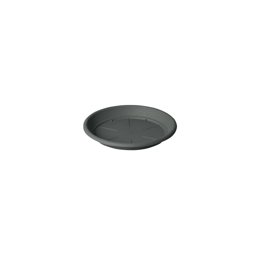 Round saucer plant pot in anthracite color, 40 cm in diameter, made of durable plastic with a smooth finish and drainage grooves on the bottom.