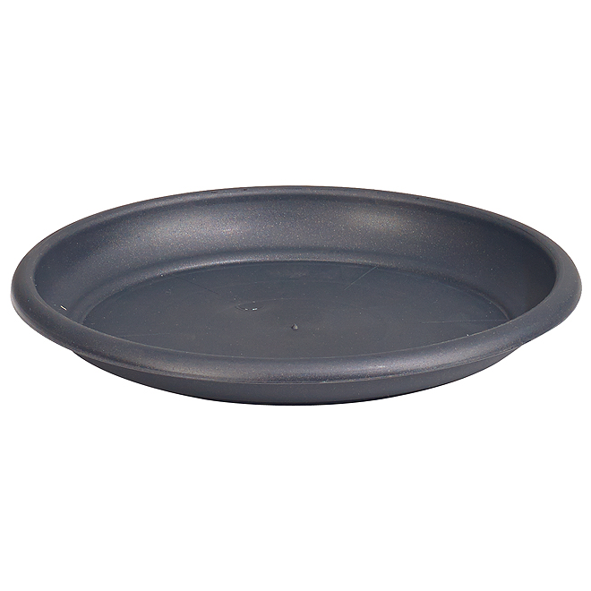 Gray anthracite plastic plant saucer, 9 inches in diameter, featuring a smooth surface and slightly raised edges for water drainage.
