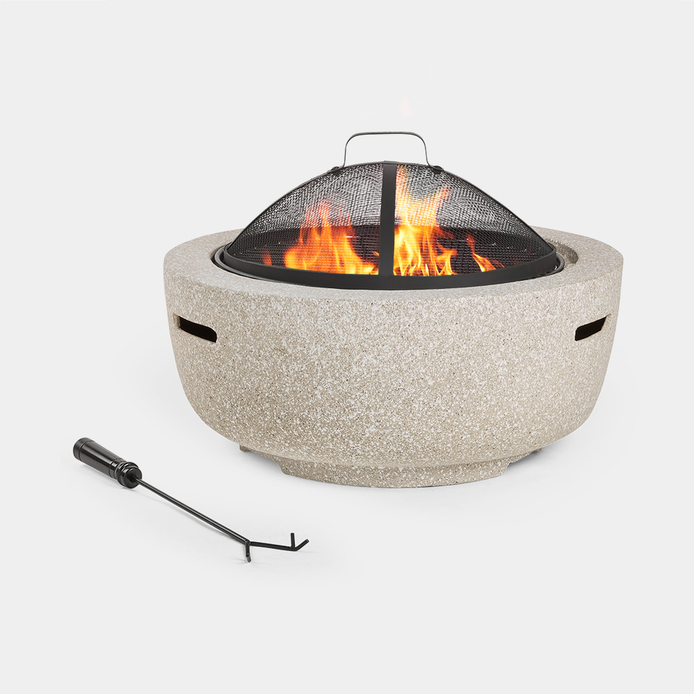 Beige 2-in-1 fire pit with a textured stone finish, featuring a mesh spark guard, and a BBQ cooking grill, accompanied by a black handle tool for safety.
