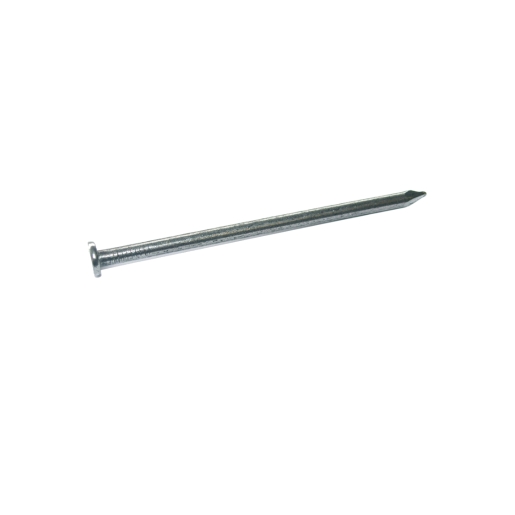 Round bright steel nails, 75mm long and 3.35mm thick, featuring a plain head, packaged in a 25kg bag by Travis Perkins.