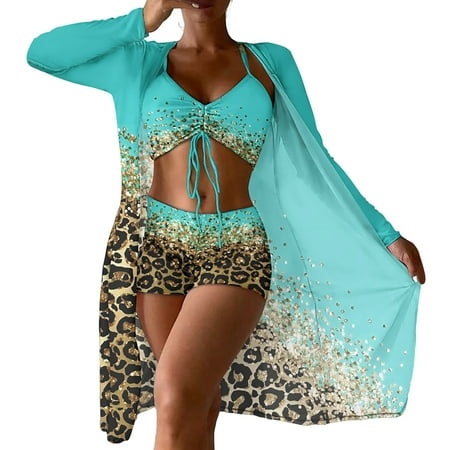 Turquoise three-piece bikini set featuring a high-waisted bottom and mesh cardigan, adorned with a leopard print and shimmering accents for a stylish beach look.