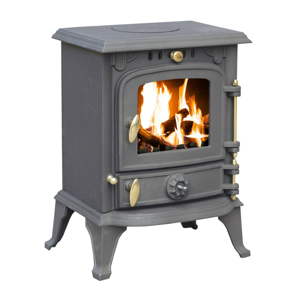 Grey cast iron wood and coal burning stove with a large glass window displaying flames, decorative brass knobs, and sturdy legs for stability.