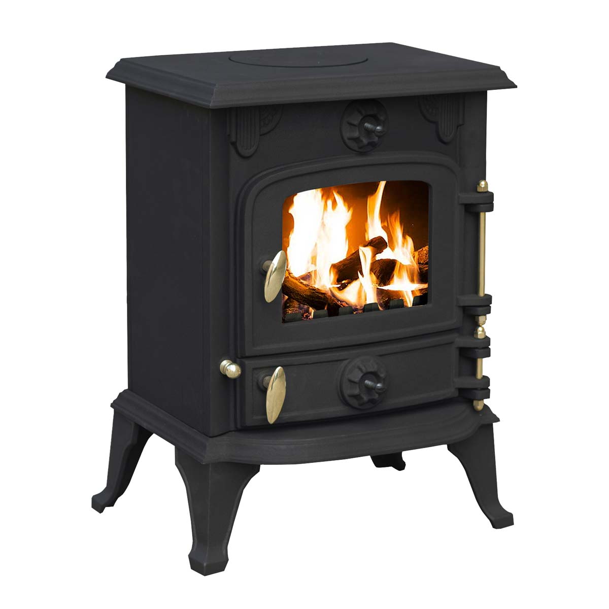 Grey cast iron wood and charcoal burning stove with a glass front, brass handles, and decorative detailing, featuring a visible fire inside for warmth and ambiance.