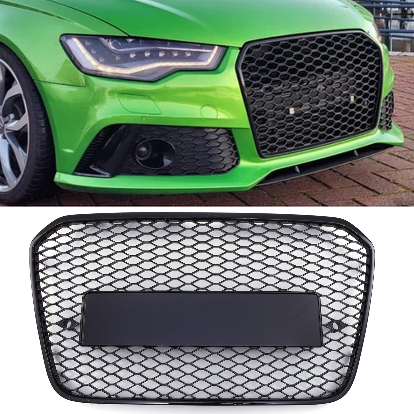 Black honeycomb badgeless grille for Audi A6 C7 (2011-2015), featuring a sleek design with a matte finish, enhancing the front fascia of the vehicle.