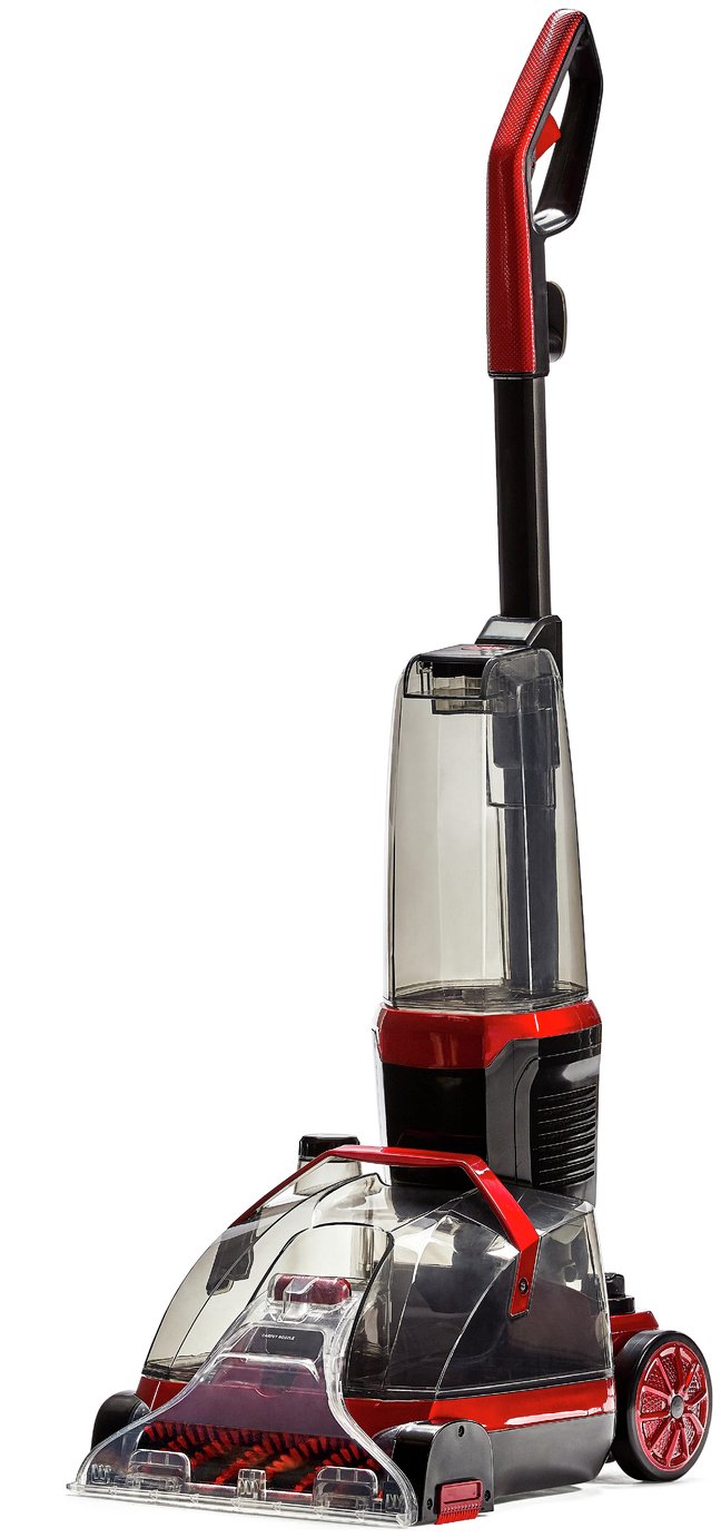 Black and red Rug Doctor FlexClean All-in-One Floor Cleaner with a transparent water tank, sturdy handle, and wheels for easy maneuverability.