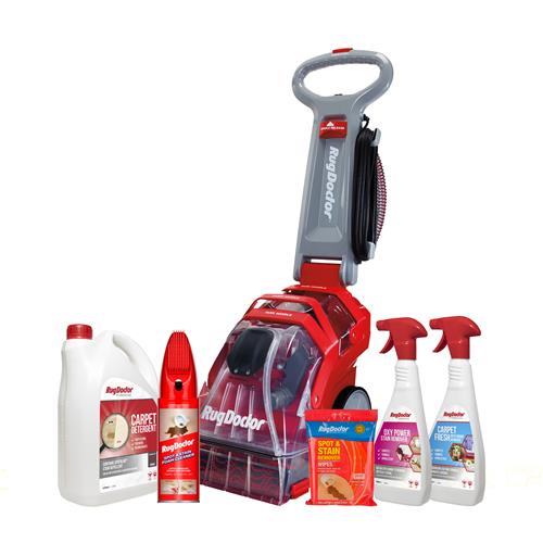 Walk-behind Rug Doctor carpet cleaning machine in black, grey, and red, accompanied by cleaning solutions and spray bottles for effective stain removal and carpet care.