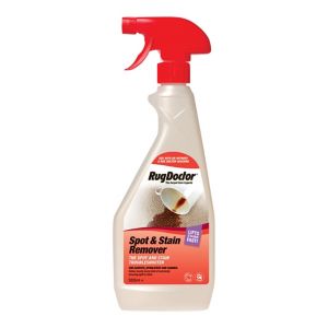 Clear plastic spray bottle with a red trigger top, labeled "Spot & Stain Remover" in bold white and orange text, featuring a carpet cleaning graphic and a 500ml capacity.