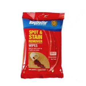 Red packaging with yellow and white text, featuring "Rug Doctor Spot & Stain Remover Wipes," indicating 20 biodegradable wipes for carpet and upholstery cleaning.
