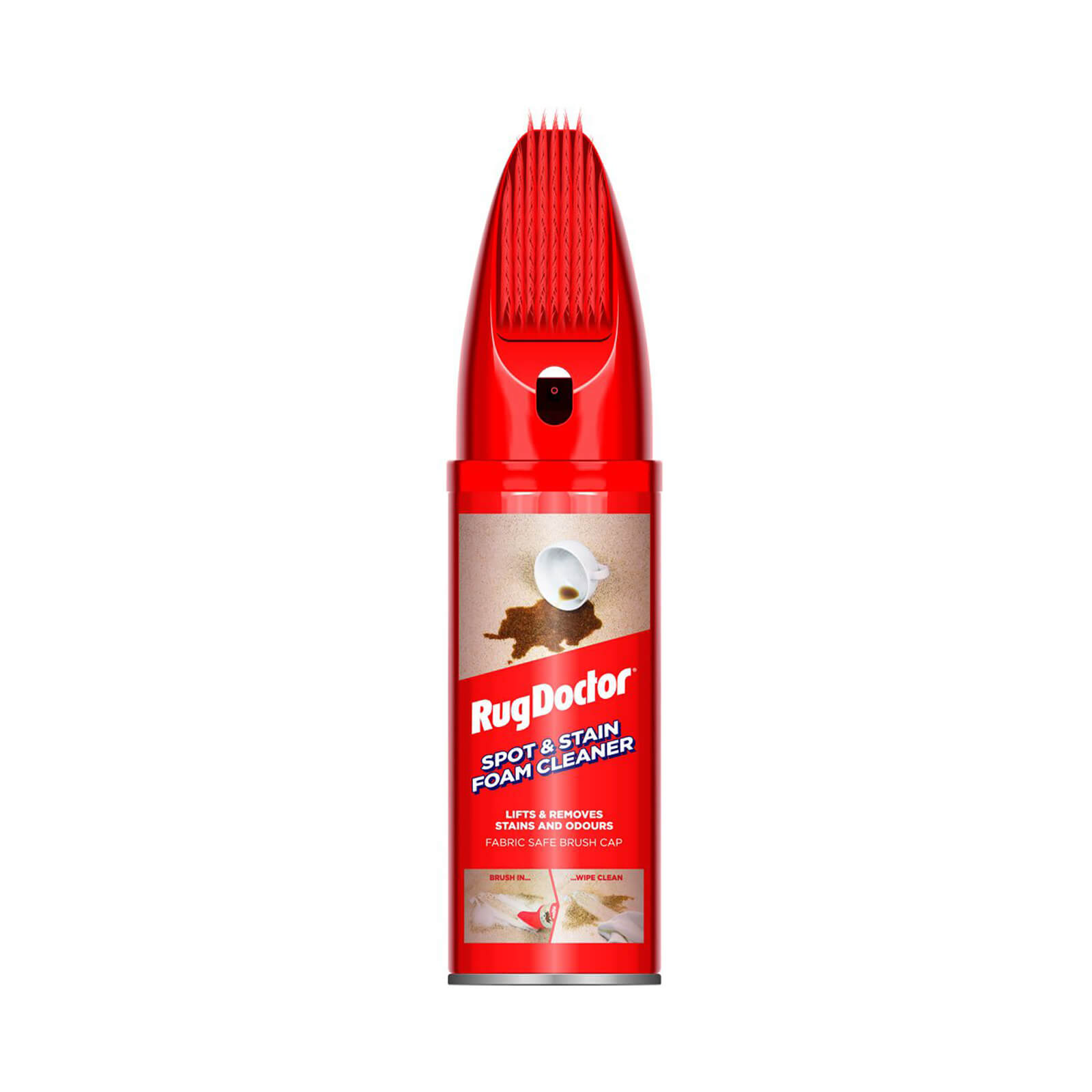 Red aerosol can of Rug Doctor 70107 Foam Cleaner, featuring a textured cap and label with cleaning instructions, designed for lifting stains from fabrics and carpets.
