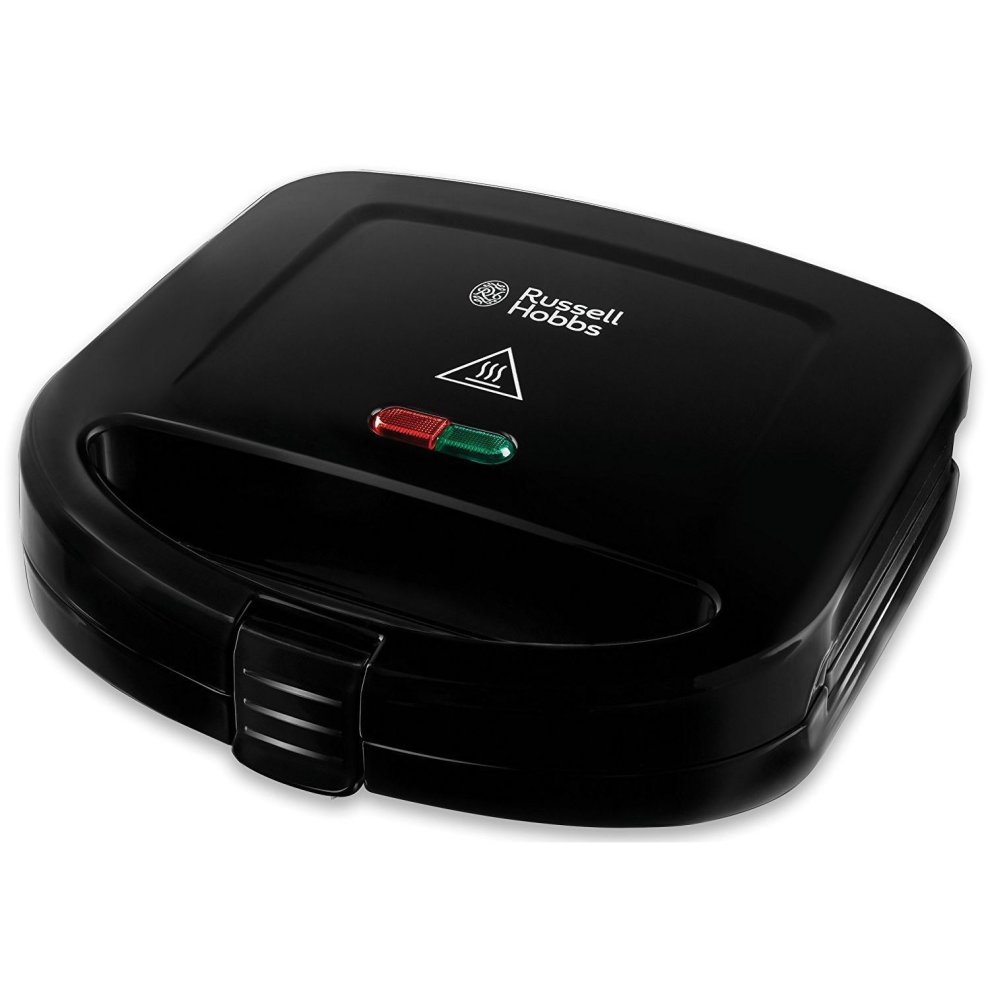 Black Russell Hobbs 2 Portion Sandwich Toaster with a sleek design, featuring a red and green indicator light and a sturdy plastic exterior.