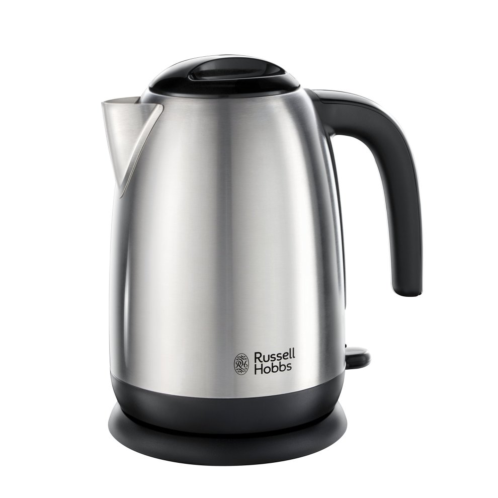 Brushed silver kettle with an open handle, black base, and a spout, featuring the Russell Hobbs logo on the front.
