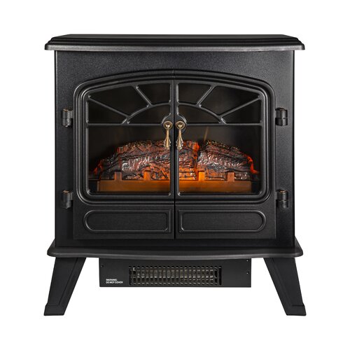 Black electric double door stove fire with a classic design, featuring a glass front, realistic log effect, and a black metal finish, ideal for adding warmth to any space.
