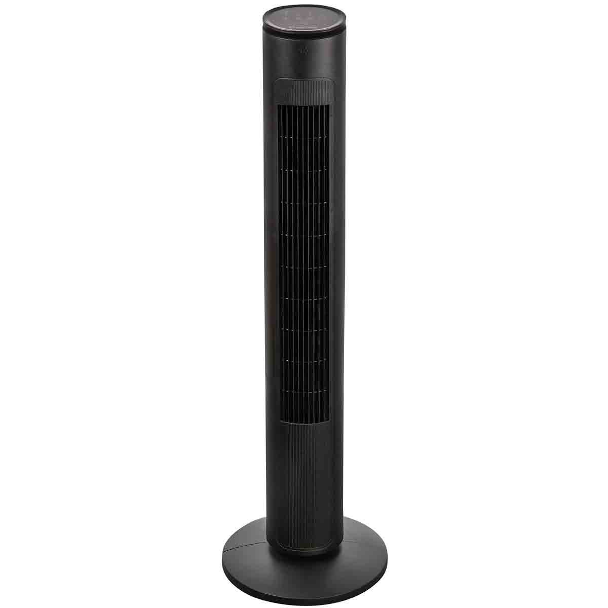 Tall black tower fan with a sleek design, featuring a front grille for airflow, three speed settings, and a remote control for convenient operation.
