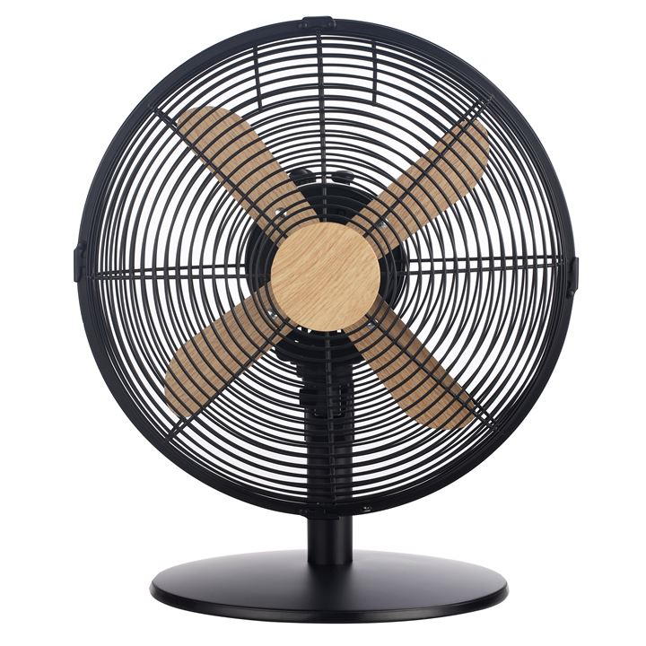 Black electric desk fan with a Scandinavian wood effect, featuring a circular metal grille and four wooden blades, mounted on a sturdy round base.