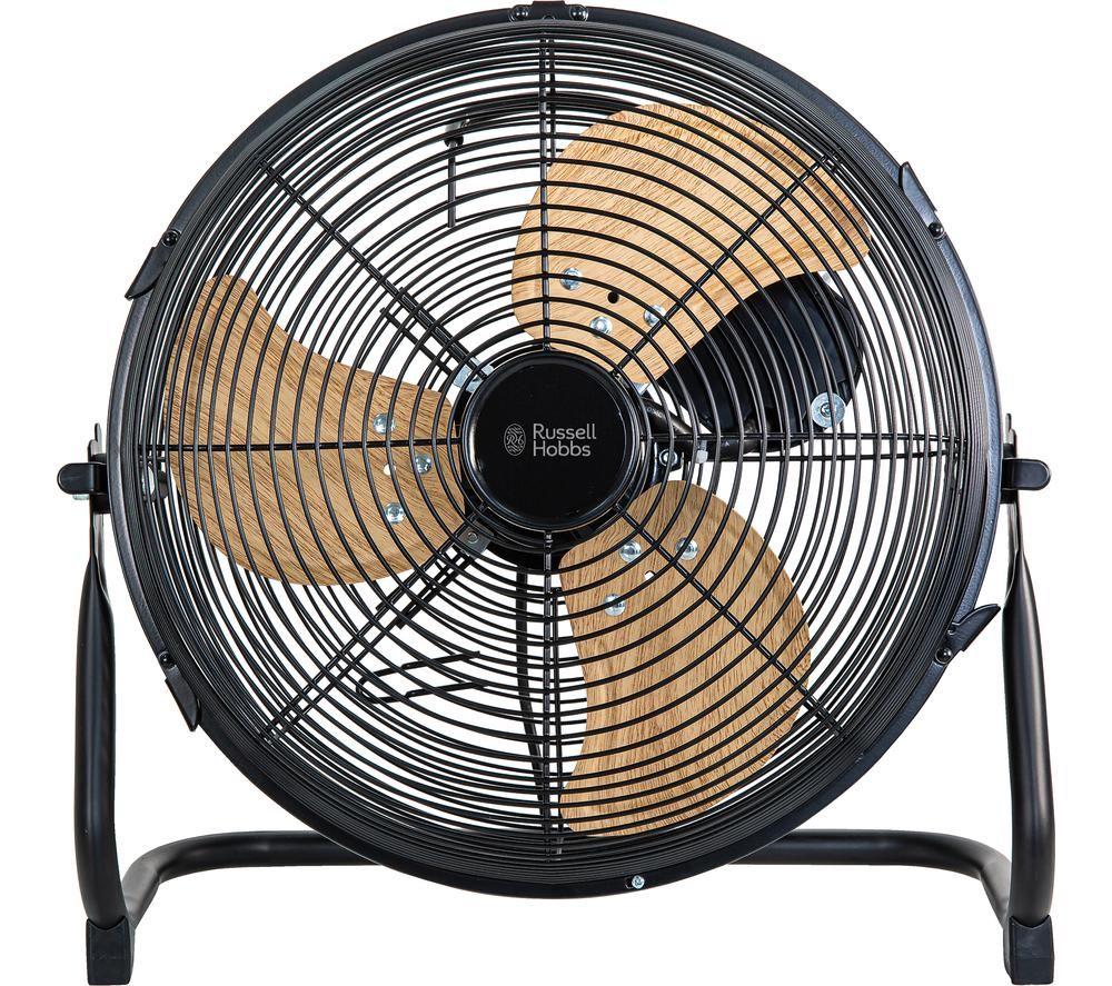 High-velocity floor fan featuring a black metal frame, wooden blades, and a sturdy base, designed for efficient airflow in a stylish wood and black finish.