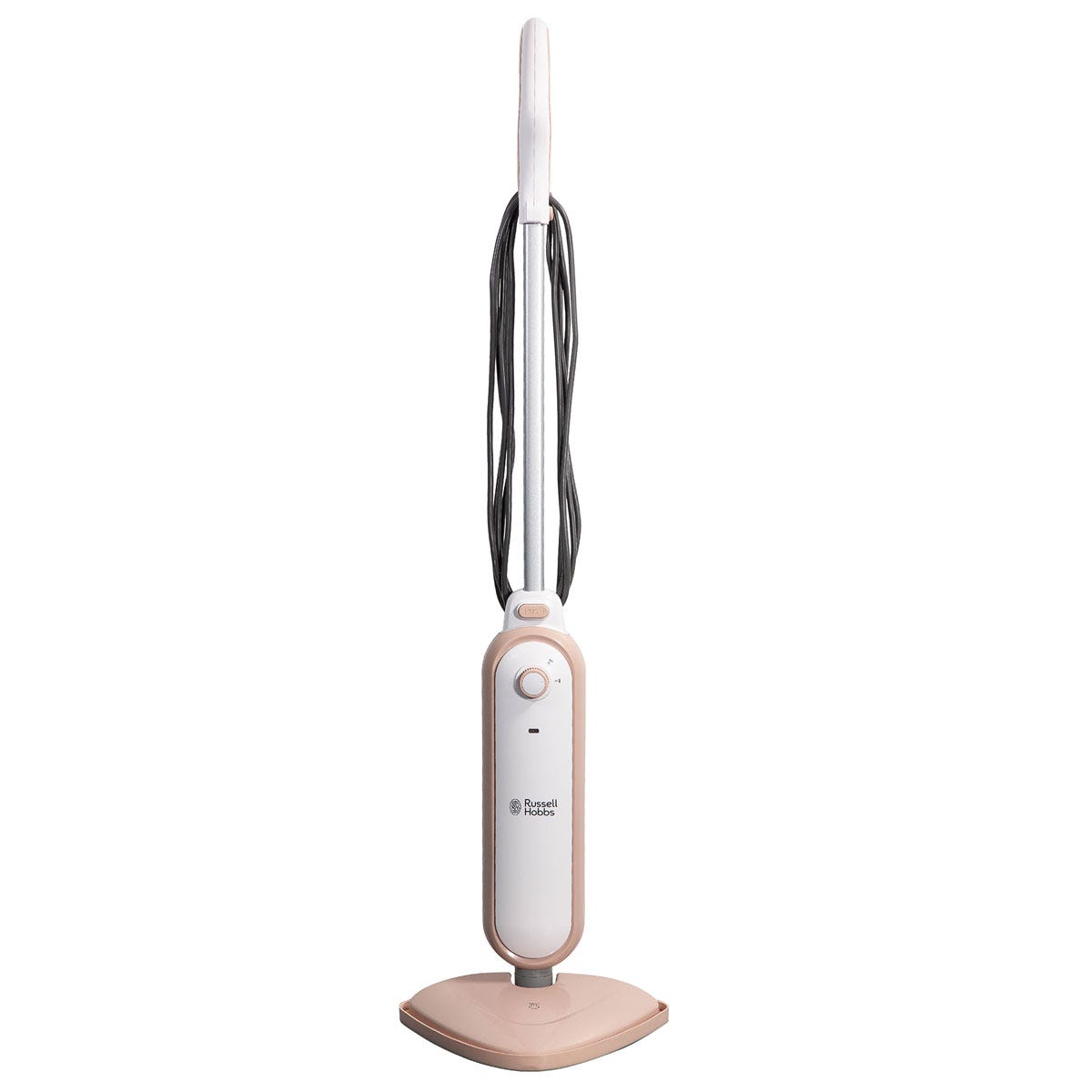 Lightweight pink Russell Hobbs Steam Mop with a sleek design, featuring a white control panel, a power button, and two removable mop pads.