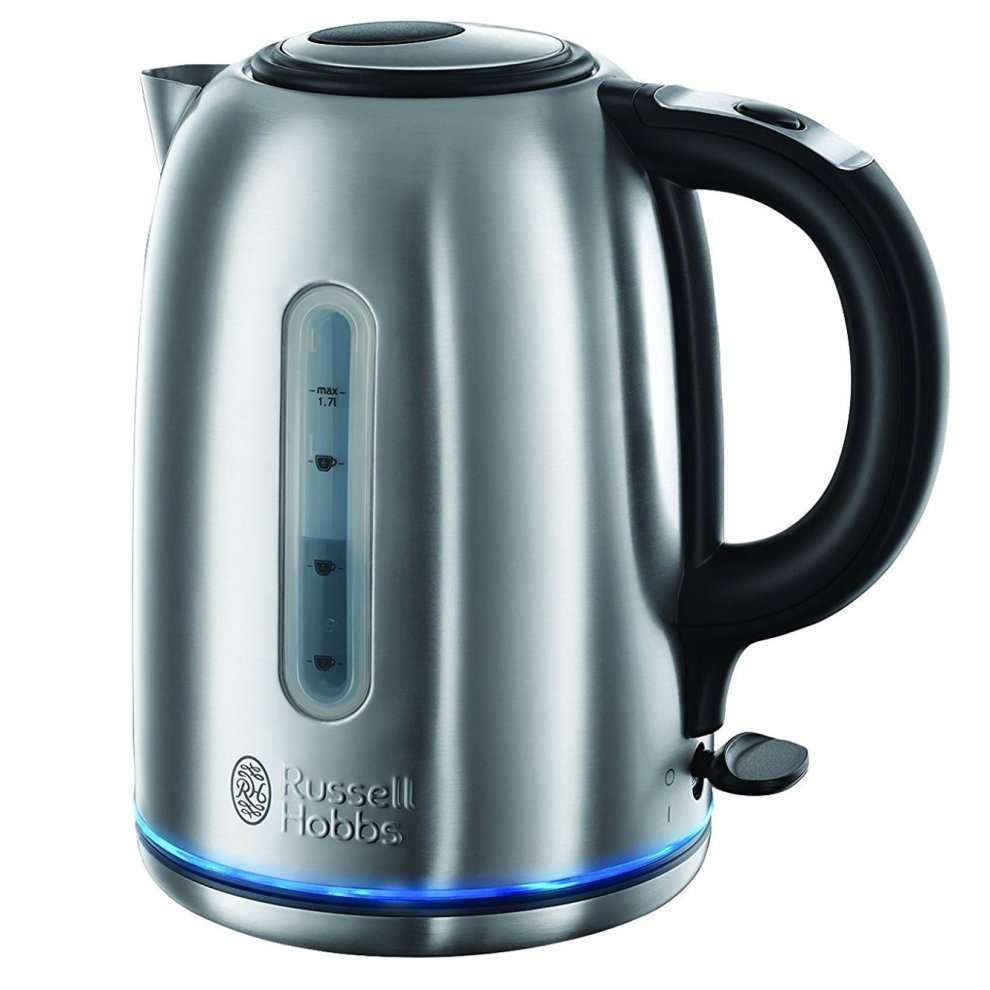 Brushed silver stainless steel kettle with a 1.7L capacity, black handle, water level indicator, and blue illumination when in use.